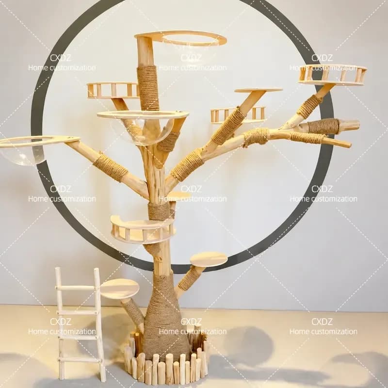 Large Cat Tree Climbing Frame with Solid Wood Real Trunk Integrated Nest Wear Resistant Non Sticky Pet Jumping Platform