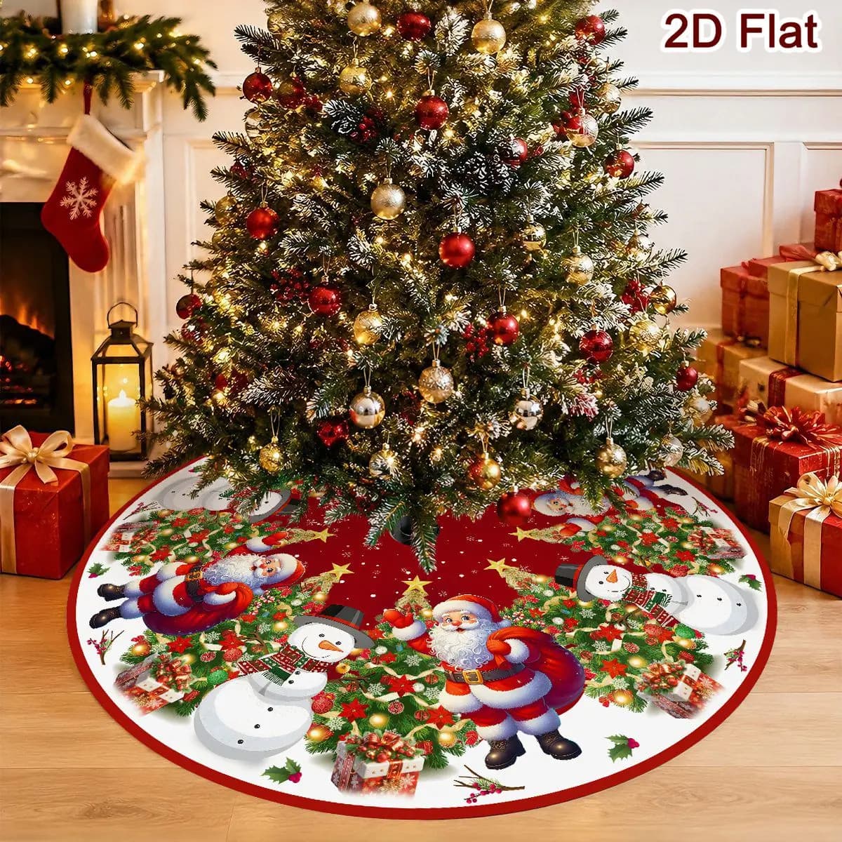 1pc Merry Christmas Tree Skirt Santa Claus Snowman Polyester Tree Mat Christmas Decor for Home 2026 New Year Holiday Decor