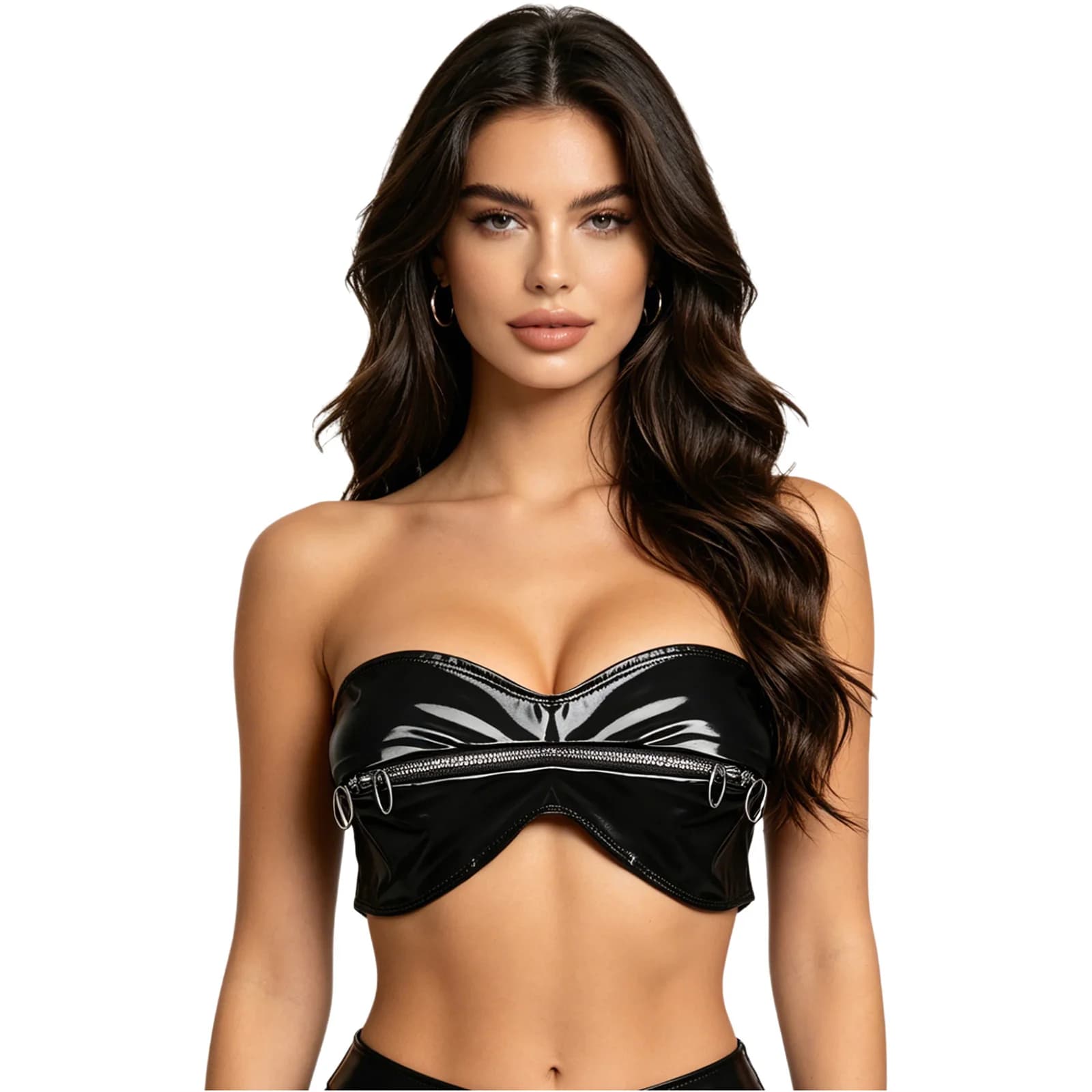Womens Glossy Bralette Mini Corset Top PU Bandeau Crop Top Zipper with O-ring Strapless Tube Bra Nightclub Rave Party Costume