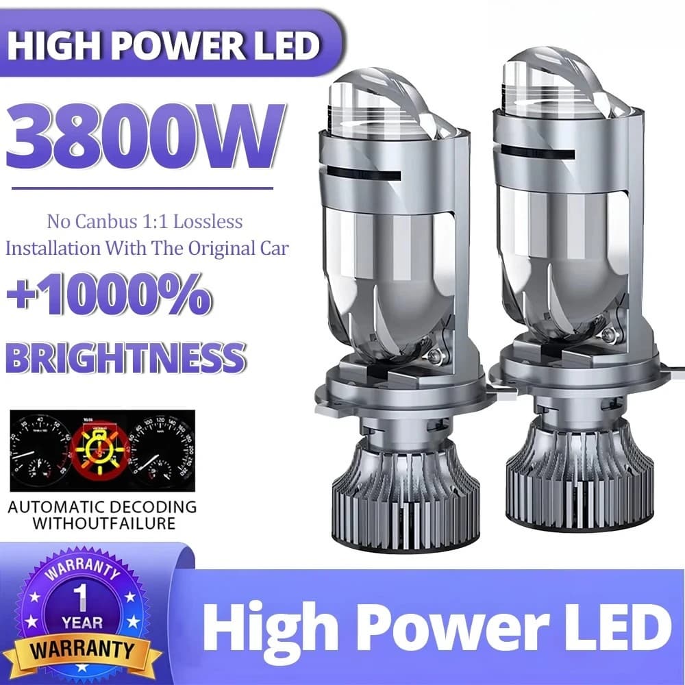 Faro a Proiettore Bi-LED A82 H4 con Lente, Canbus per Auto e Moto, CSP Turbo STG PTF, Doppia Luce Alta e Bassa, Lampadine 12V 24V 6000K, Plug&Play
