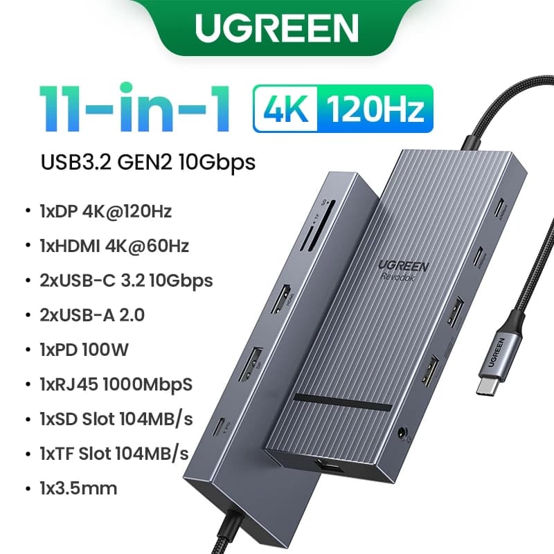 UGREEN HUB USB 11 in 1 da USB-C a 4K120Hz DP HDMI USB3.2 10Gbps SD/TF RJ45 3,5 mm PD100W per MacBook Accessori per laptop Docking HUB
