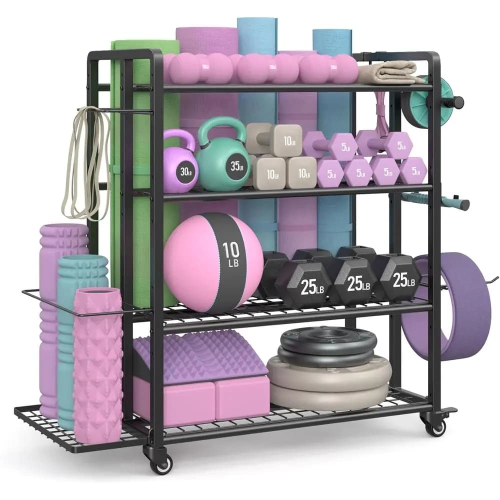 Rack Porta Pesi Regolabile a 4 Livelli per Manubri, Kettlebell e Tappetini Yoga con Ruote e Ganci, Finitura Verniciata a Polvere