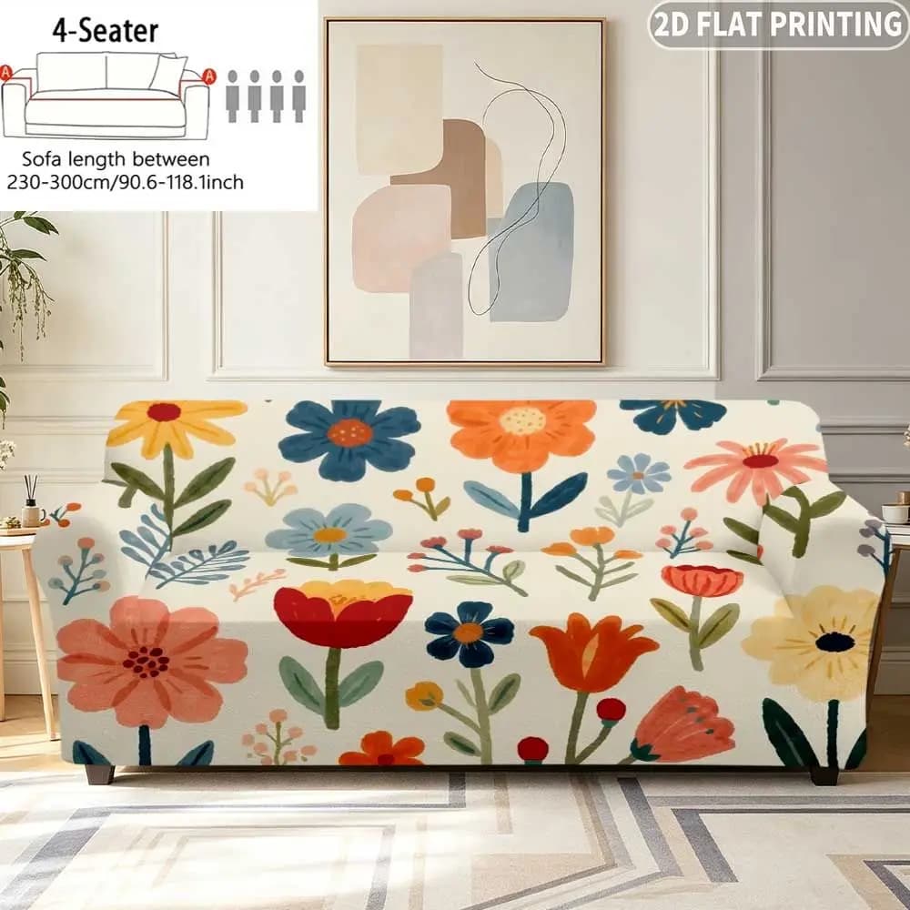 1pc Elastic Sofa Cover Colorful Floral Pattern On Cream, Easy to Install, Ideal for Single/ Double/ Three / Four-Person Sofa