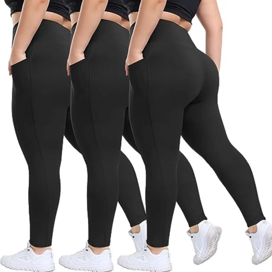 Confezione da 3 leggings taglie forti con tasche per donna - Pantaloni da yoga morbidi neri a vita alta con controllo della pancia per allenamento in palestra