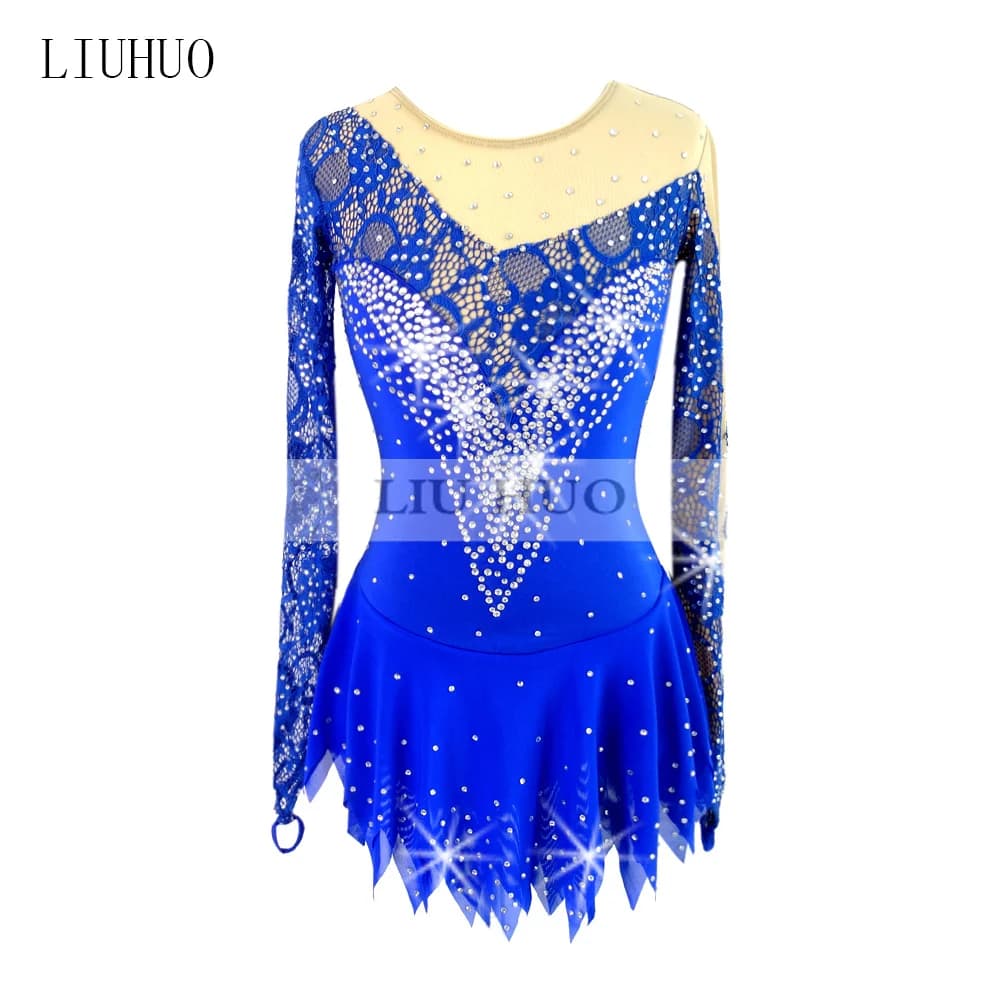 LIUHUO Abito da Pattinaggio di Figura sul Ghiaccio Gonna Personalizzata Ragazza Donna Blu Pizzo Competizione Performance Costume Body da Ballo Rullo per Adulti