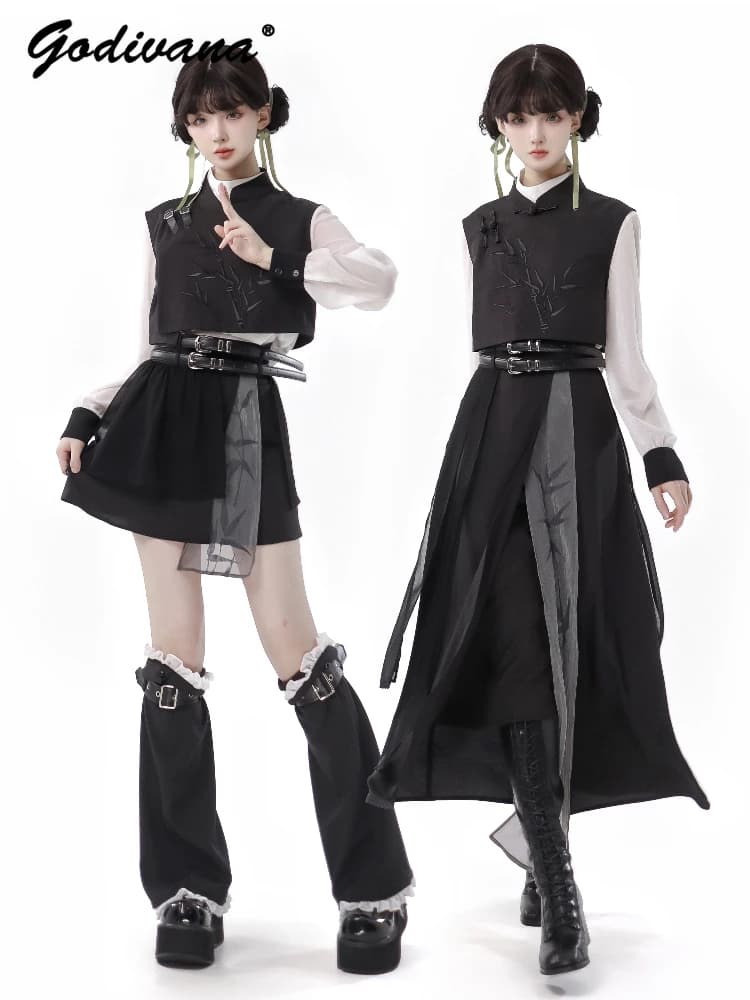 New Style Chinese Bamboo Printed Slimming vests Life Controlled White Shirt Long Sleeved Women's Girl Gown Retro Set Dresses