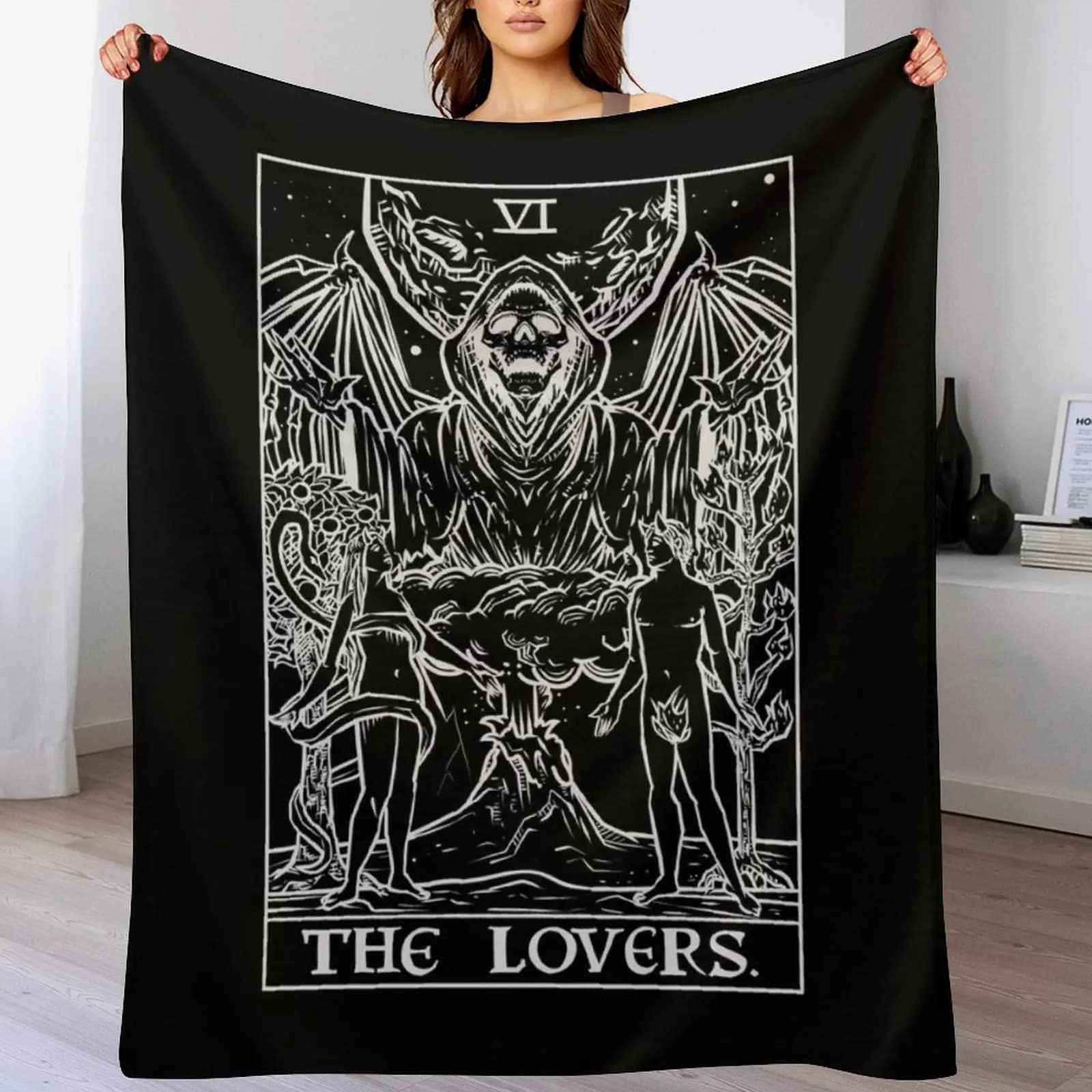 Coperta con stampa The Lovers Tarot Card (monocromatica), coperta accogliente per la casa, regalo per le vacanze di Natale