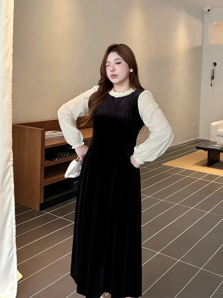 Hebe Style Velvet Long Dress Slimming High Waist Fake Two-Piece Dress plus Size Retro Floral Print Streetwear City Commute