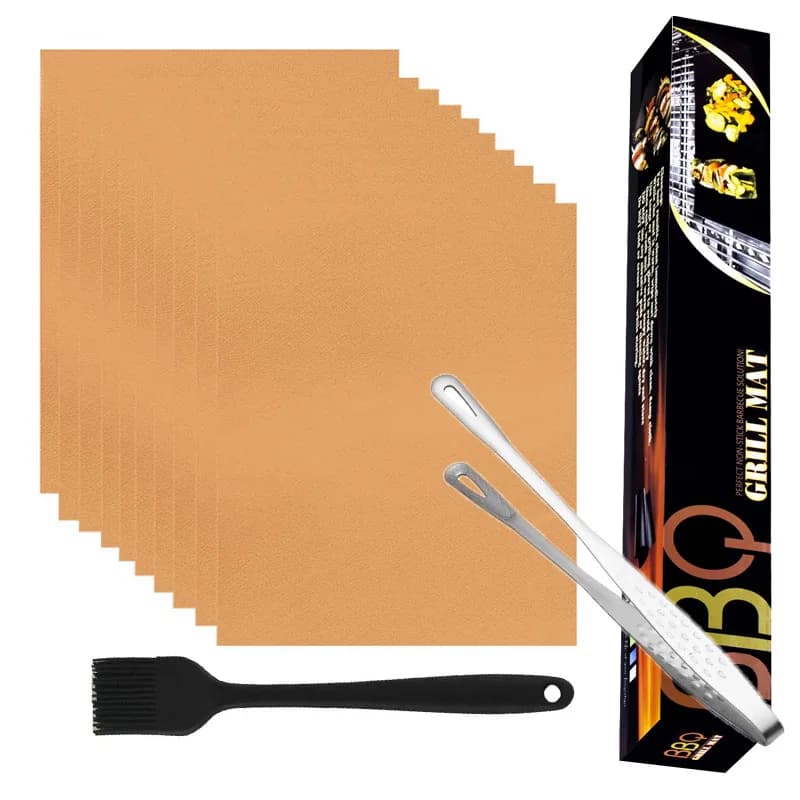 Grill Mat Set of 1/10-100% Non-Stick Reusable Mat Thick Heat Resistant for Gas Charcoal or Electric Grills - Easy to Clean Brown