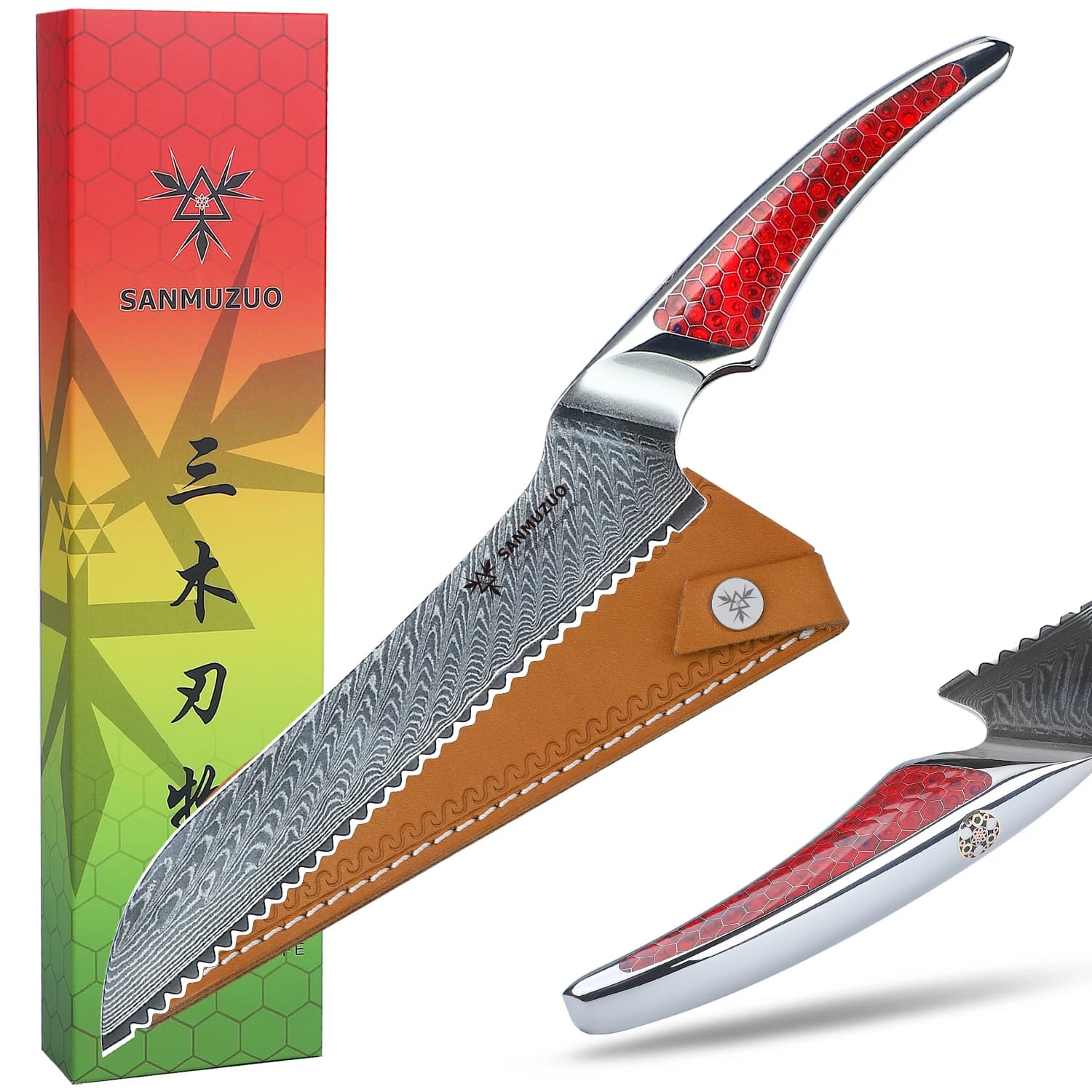 SANMUZUO 8 inch serrated bread knife, Japanese kitchen knife in VG-10 damasco steel, resin handle, LA-S9 series