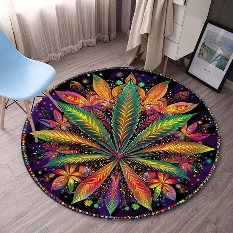 Colorful carpet in round crystal velvet with cannabis leaves, psychedelic art, Boho style, home decorations, yoga meditation mat