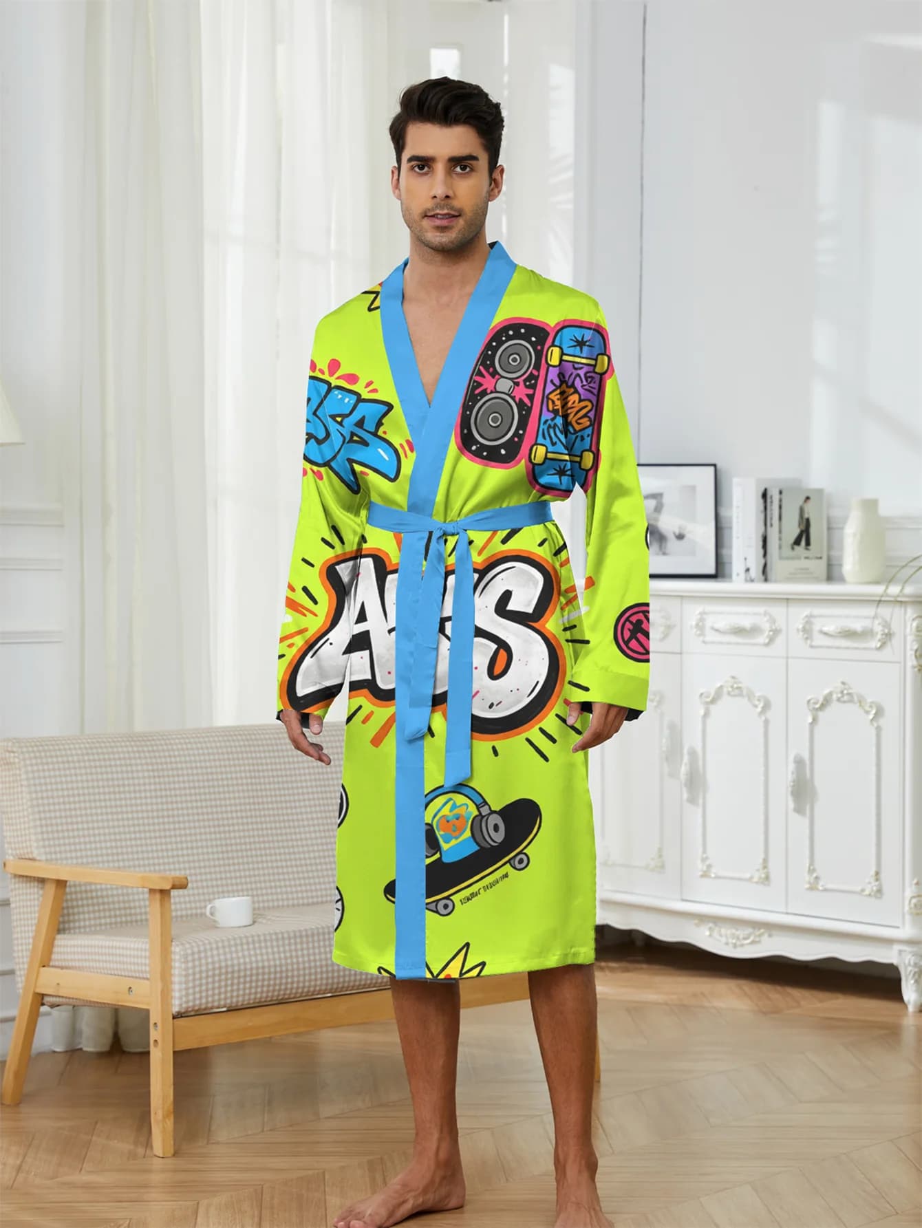 Slim bathrobe with 3D digital print for creative reasons, fast drying and fading resistant, men's pajamas for spring and autumn.