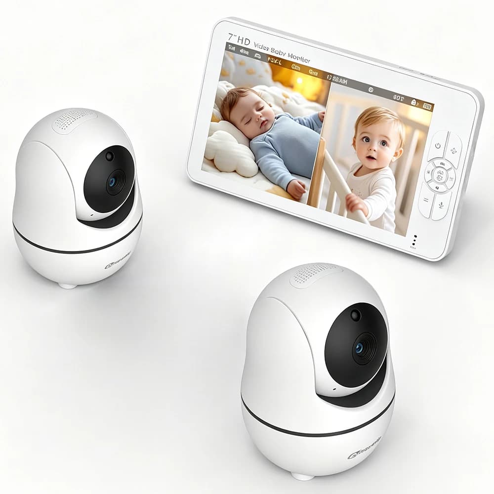 7 Inch HD Split Screen Baby Monitor with 2 PTZ Cameras Two-Way Audio IR Night Vision VOX Battery Wireless Security Baby Cameras