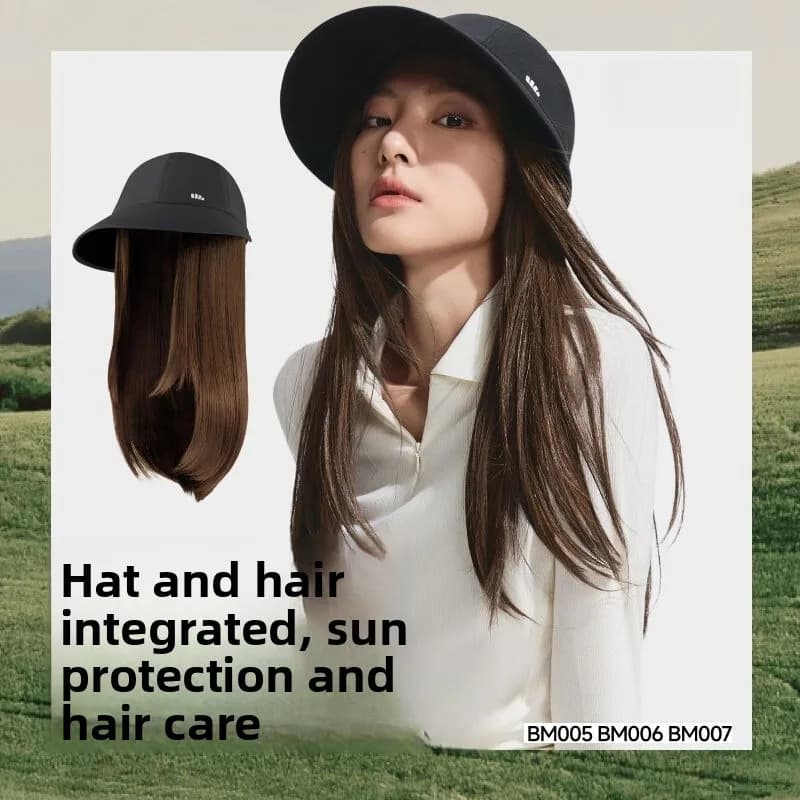 Integrated Solar Protection Hat for Women, Model Banana Leaf BM005, Black, Smooth Led Hair, Round with Reflections, Full Head Cover, Casual Style