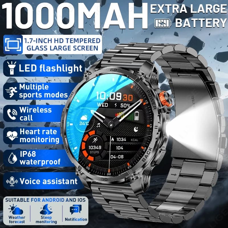 LIGE Smartwatch Militare GPS LED da Esterno per Uomo, 1.7", Batteria Grande da 1000mAh, Chiamata BT, Impermeabile 3ATM, Orologio Sportivo, Nuovo 2026