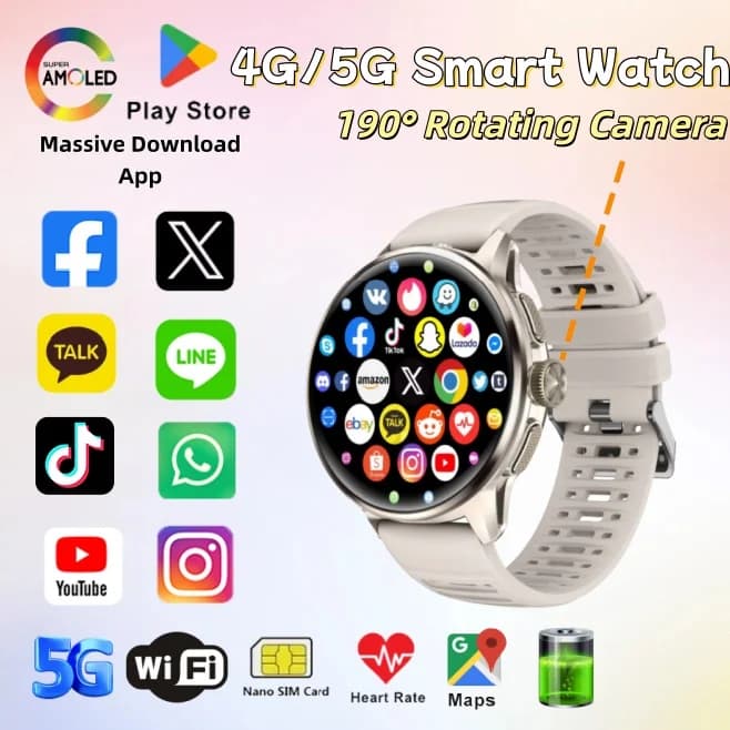 Smartwatch Android 2026 con Rete 4G/5G, Schermo AMOLED Grande da 1,6 Pollici 190 ° Smartwatch da uomo con fotocamera rotante, Google Play, WiFi e GPS