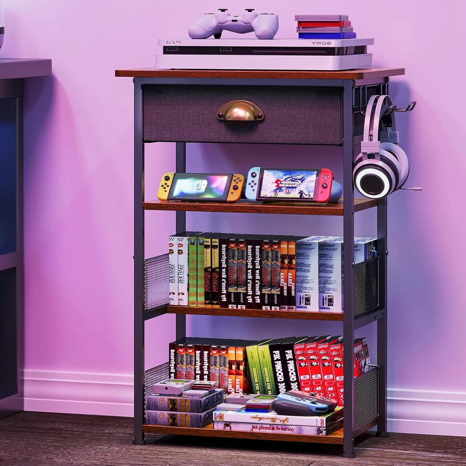 Supporto multimediale AV a 4 livelli con cassetto, ganci per Xbox/PS5/Switch/DVD/lettore di registrazione/accessori TV