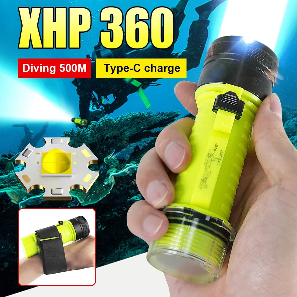 XHP360 High Power Diving Flashlight Underwater Torch Rechargeable Lamp IPX8 Waterproof Professional Dive Light with Wrist Strap