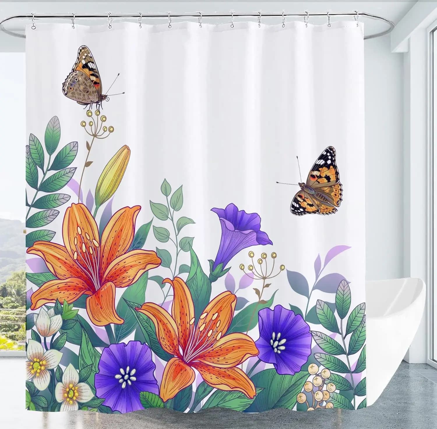 tenda da doccia floreale bellissima tenda da doccia in tessuto poliestere con design a farfalla di giglio tropicale acquerello con gancio