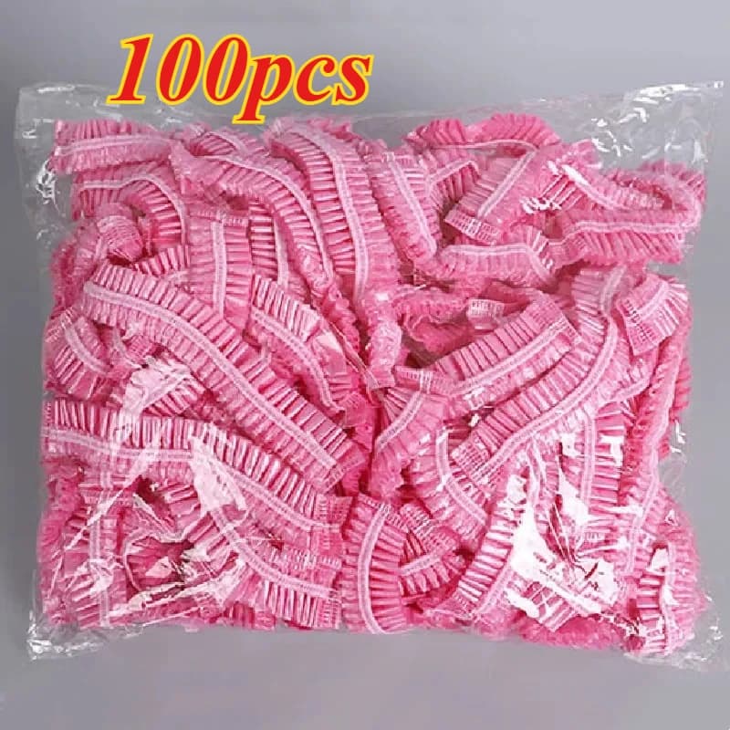 Set da 100 Cuffie Doccia Monouso Rosa, Copricapo Elastico Impermeabile in Plastica per Donne, Accessorio per Spa, Salone, Hotel, Tintura Capelli e Bagno