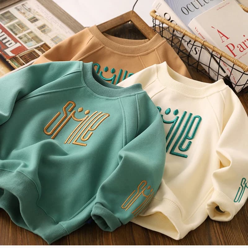 Nuovo Big Size Primavera Autunno Ragazzi Camicia Moda Lettera Sorriso Manica intera Adolescente Ragazzi Felpa 3-12 anni Bambini Top Vestiti