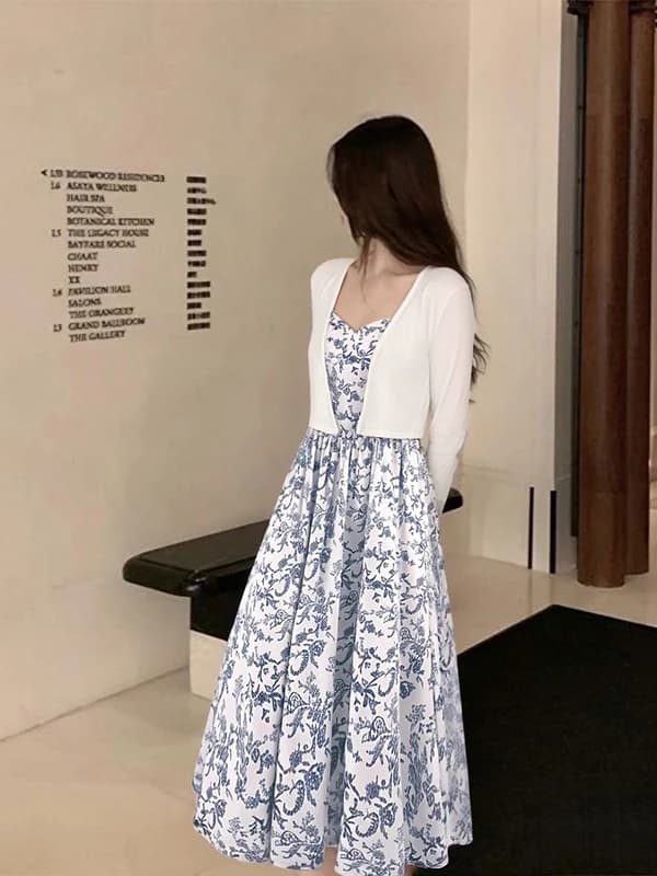 Princess Style Floral Print Two-Piece Set Spring 2026 Casual Elegant Vacation Cardigan And Strap Dress Women's Fashion Ensemble