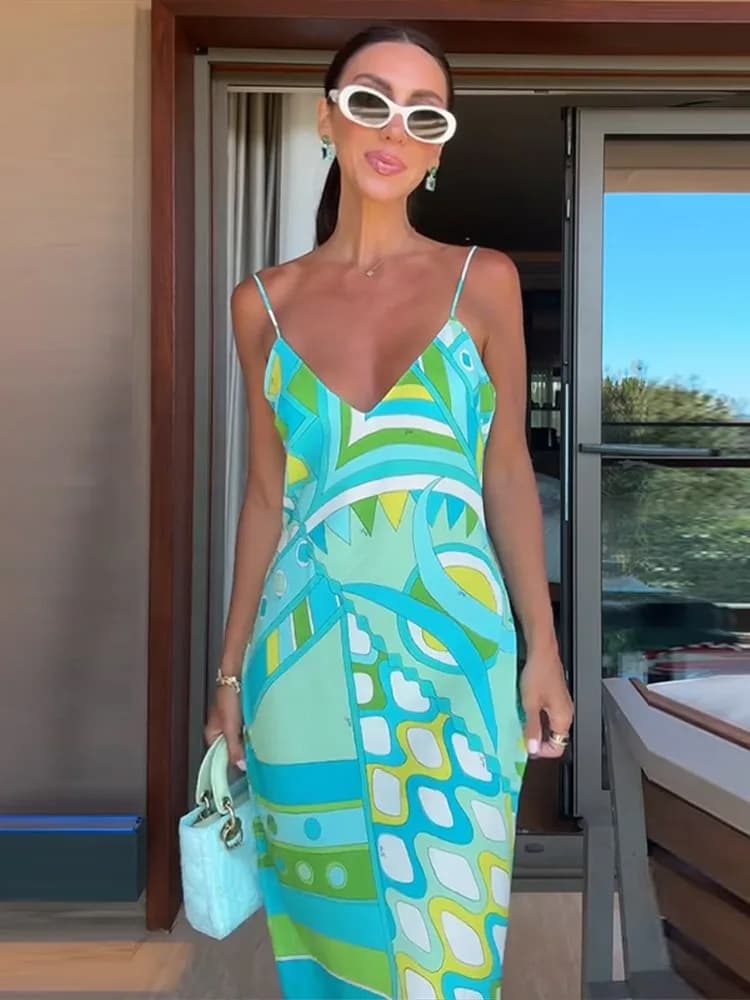 2026 Summer Printed Slip Long Dress Women V-neck Sleeveless Backless Party Beach Dresses Fashion Lady Slim Hip Package Robes