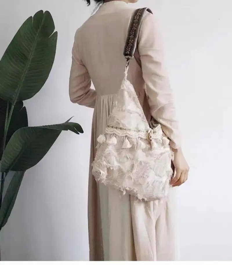 Retro Artistic Ethnic Style Fake Tassel Daily Lightweight and Versatile Cloth Bag Large Capacity Single Shoulder Crossbody Bag