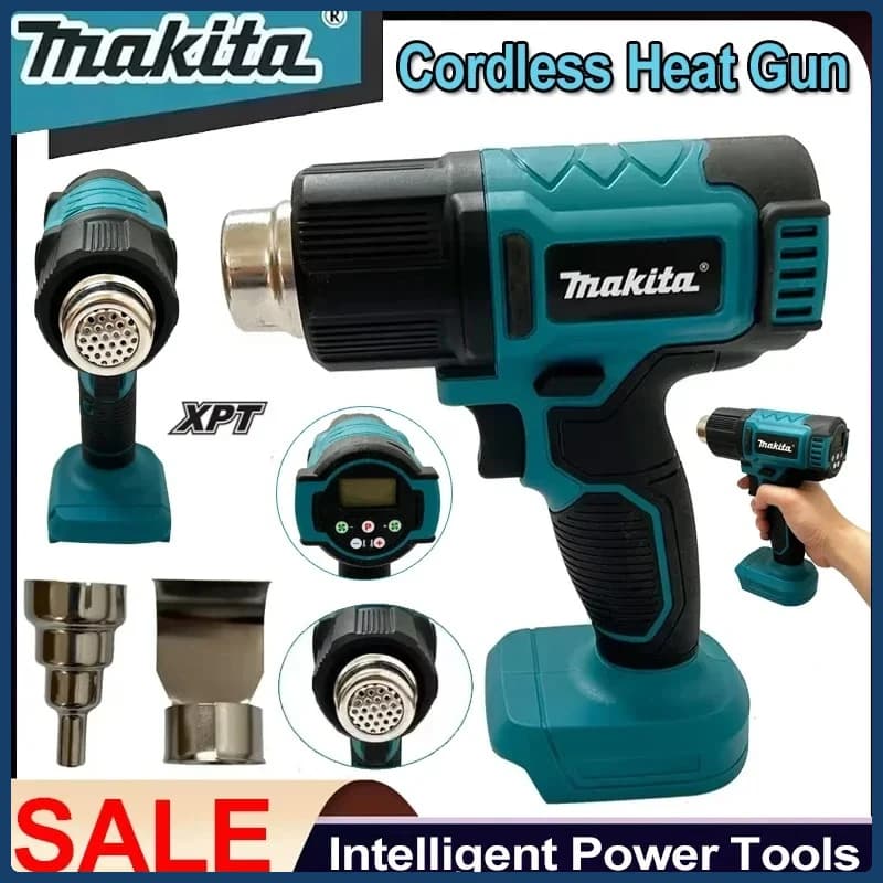 Pistola ad Aria Calda Elettrica Makita con Display Digitale, 2 Ugelli, per Imballaggio Industriale, Compatibile con Batterie 18V 20V