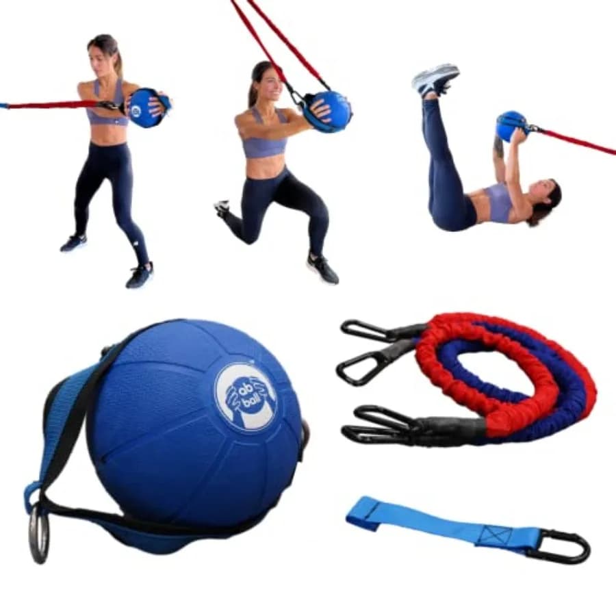 Ab Ball - Sistema di allenamento con palla medica 3-in-1 per uso domestico, nucleo in acciaio rivestito in gomma, nero con cinghie grigie, impugnatura brevettata