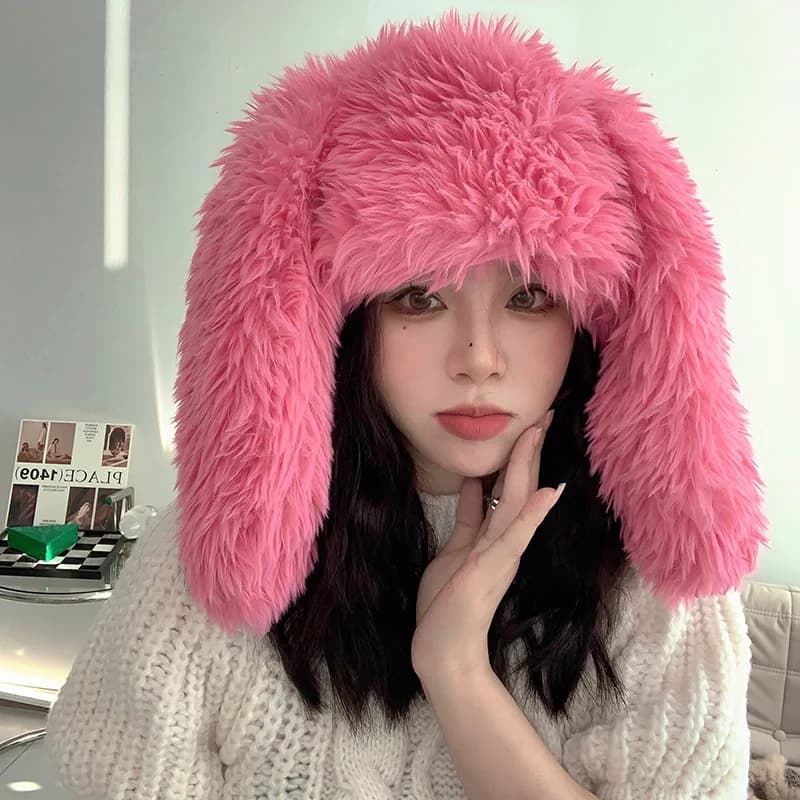 Y2K plush hats with rabbit ears, cute girl winter caps, thick and hot fleece hats fun for parties and photography, women's Lolita style