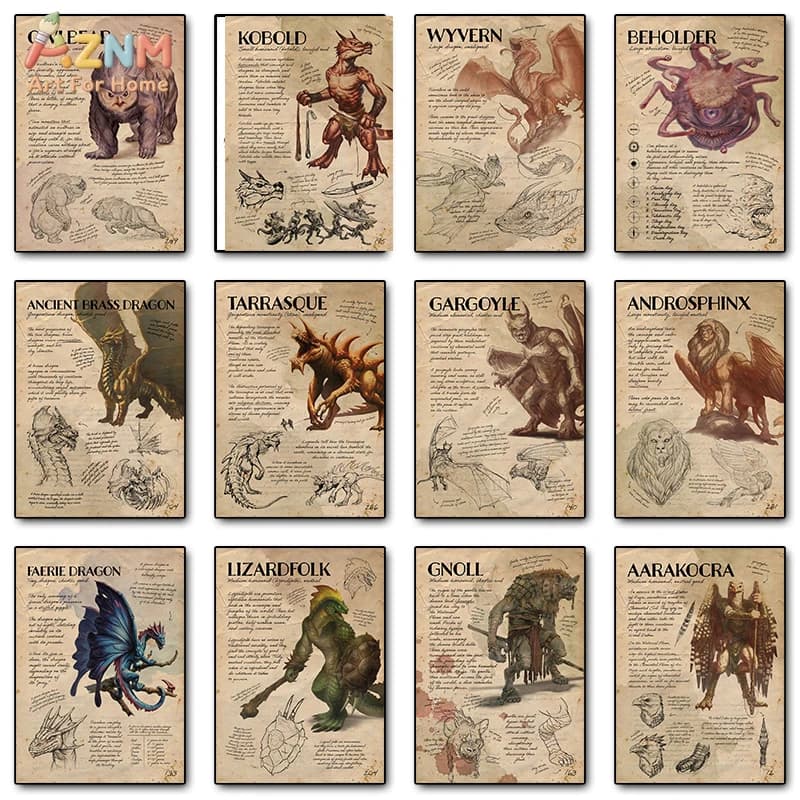 AZNM Vintage D&D Monster Field Guide Canvas Wall Art Fantasy Creature Owlbear Beholder Dragon Print Unframed Aesthetic Poster fo