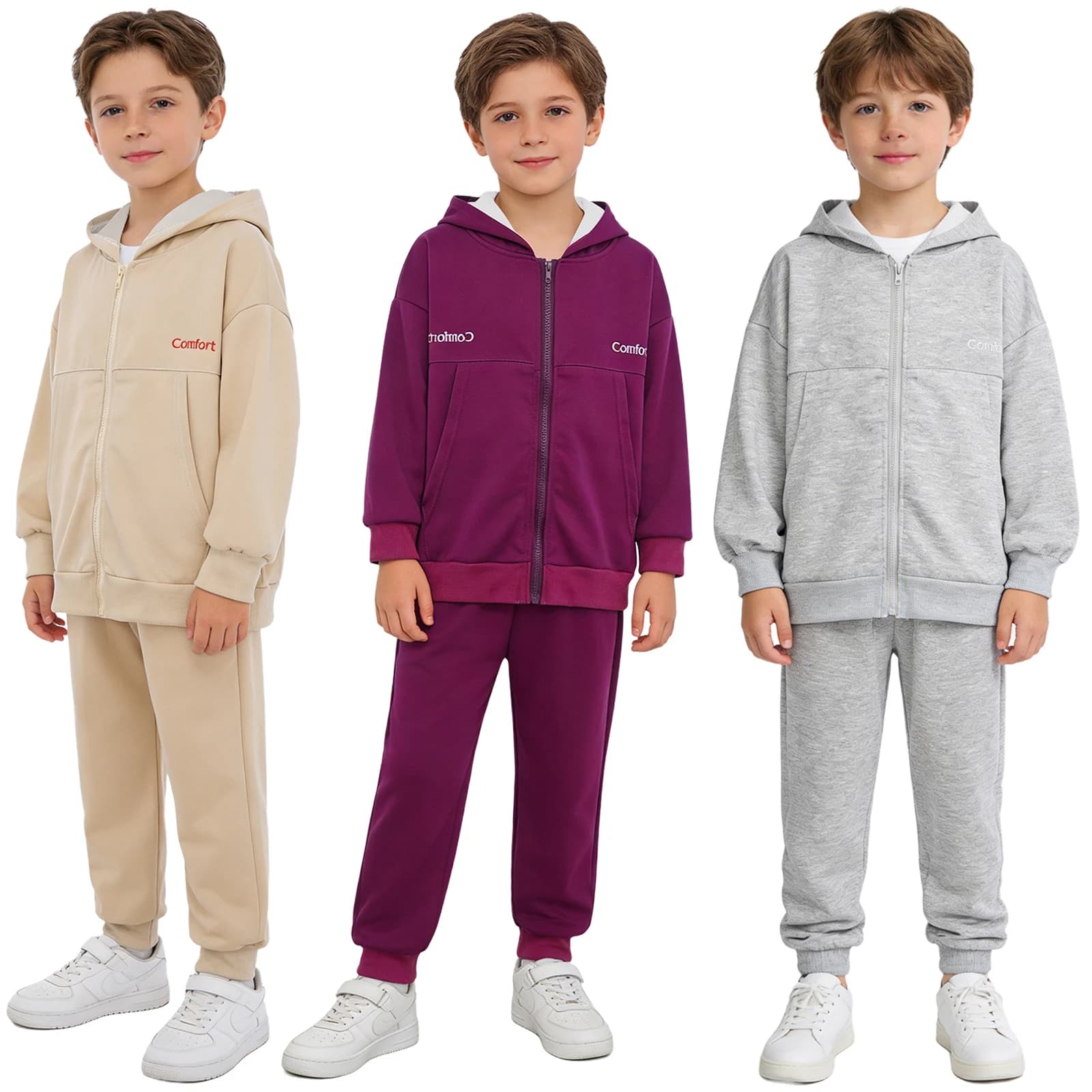 Kids Boys Sports Suit Workout Training Running Clothes Long Sleeve Hoodie Zipper Hooded Sweatshirt with Stretchy Sweatpants Suit
