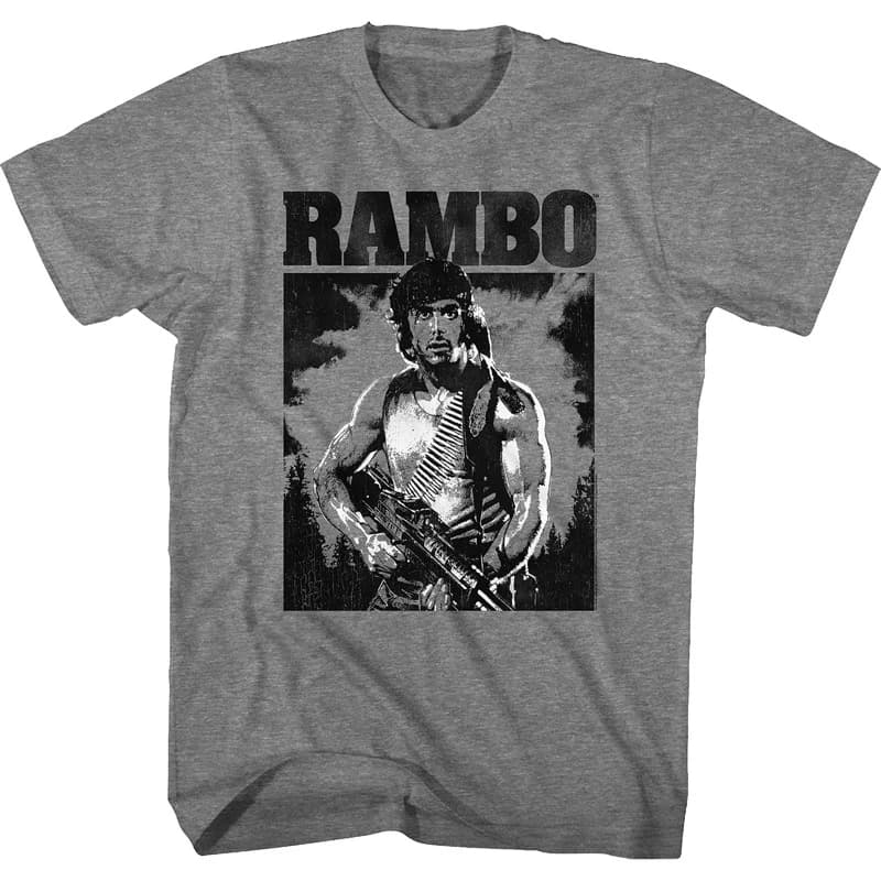 T-shirt a maniche corte in cotone pesante da uomo europeo e americano Retro First Blood Sylvester Stallone