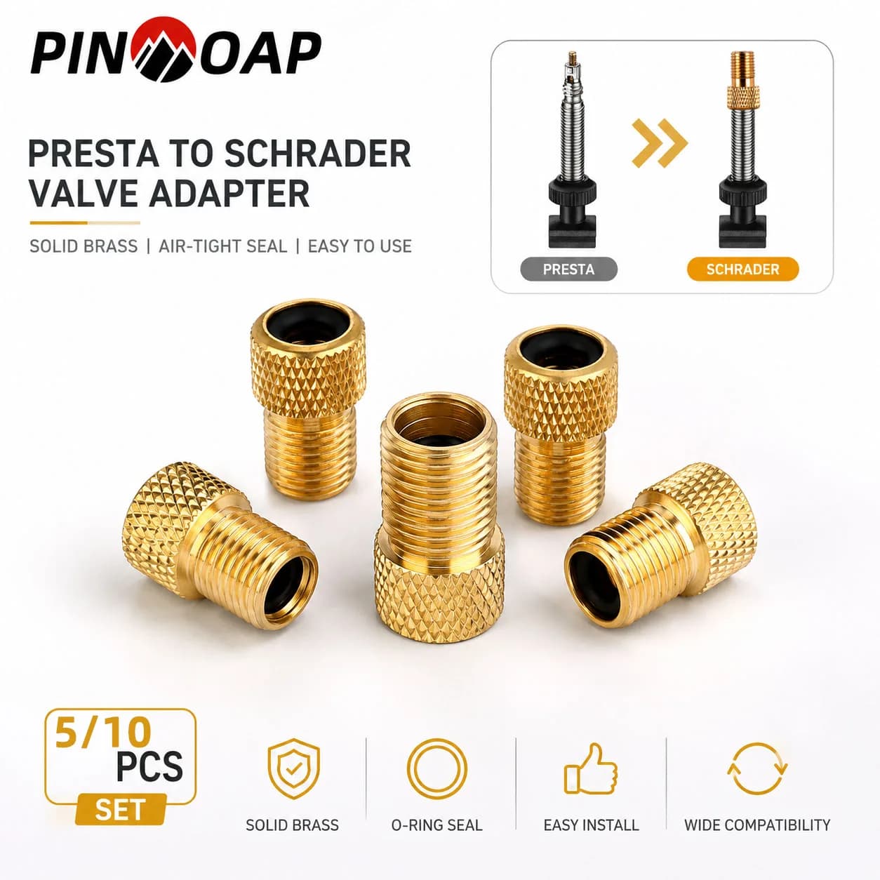 PINMOAP 5/10PCS Bike Valve Adapter Presta To Schrader Valve Converter Brass Bicycle Tire Pump Adapter For Road MTB Bike Cycling