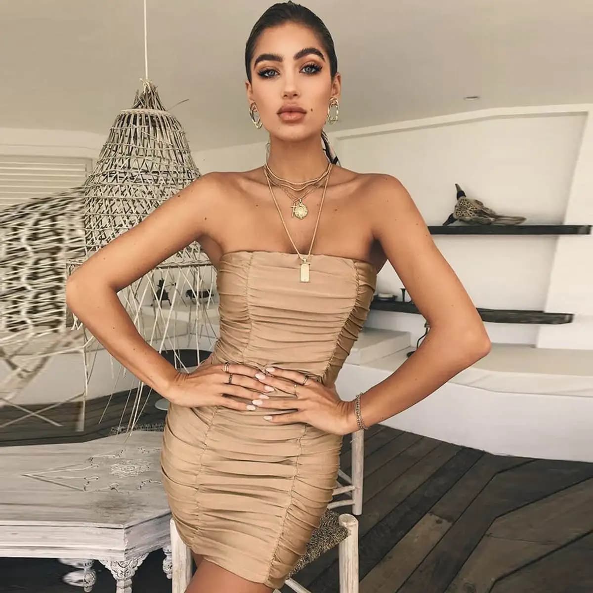 Sexy Goddess One Shoulder Wrap Chest Pleated Pure Desire Bodycon Dress High Waist Women's Fashion Spring Autumn Dresses