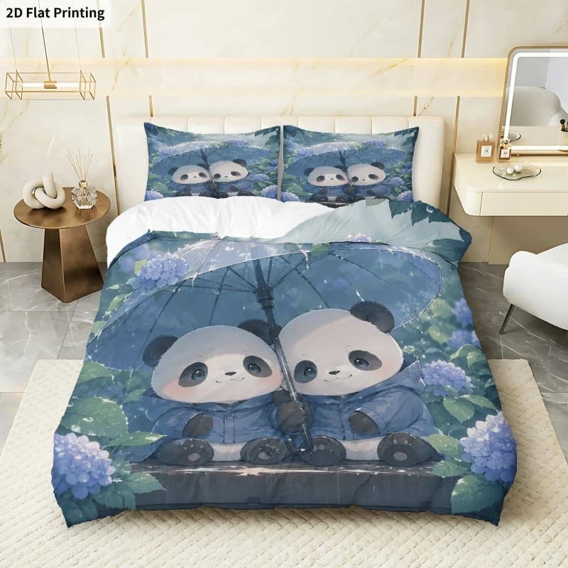 3PCS Duvet Cover, 1 Duvet Cover + 2 Pillowcases (Without Filler), Panda Hydrangea