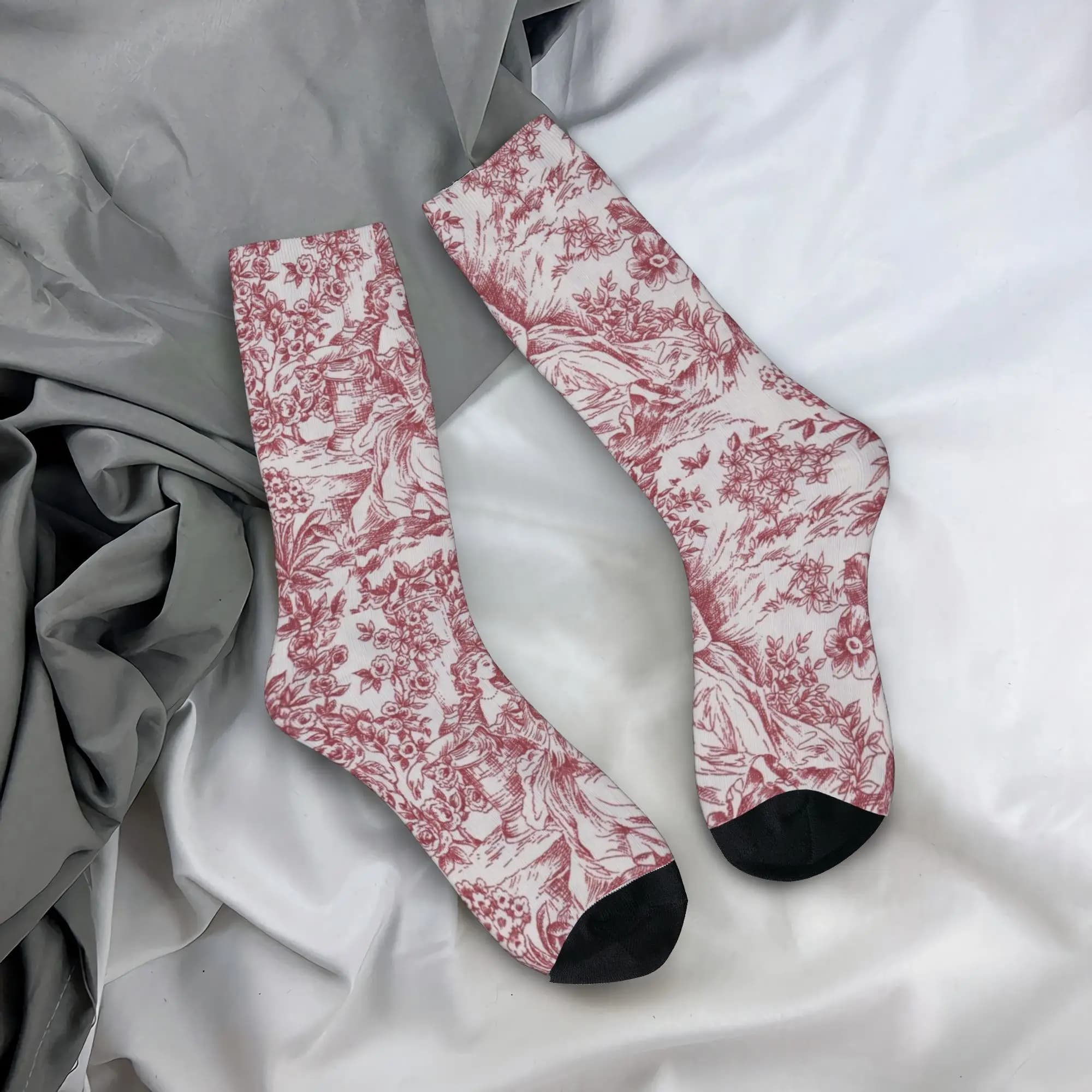 Calzini Personalizzati con Stampa Divertente, Motivo Classico Toile De Jouy Rosso Francese, per Uomo e Donna, Elasticizzati, per Estate, Autunno e Inverno