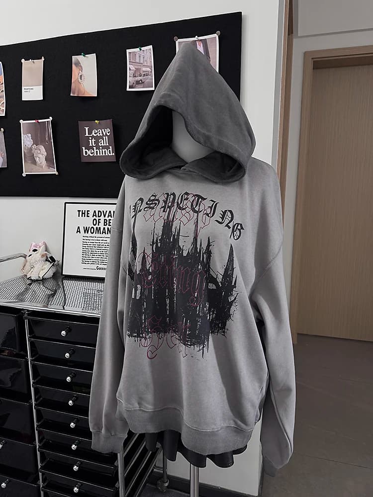 Felpa con cappuccio casual larga con stampa Dark Castle, effetto lavato, per coppie, stile street, a maniche lunghe, autunnale