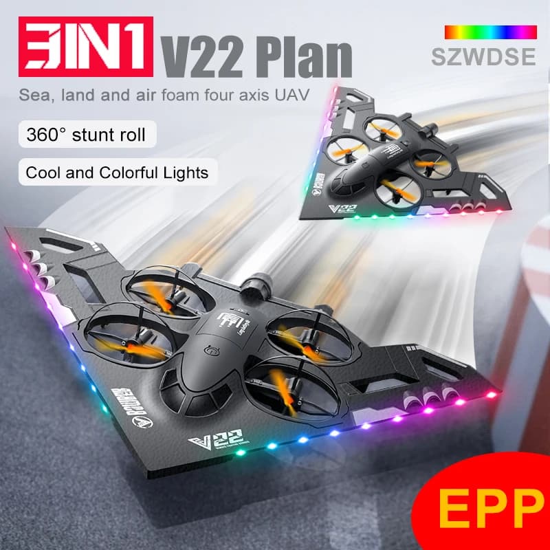 V22 3 in 1 RC Aliante Elicottero 2.4G EPP Stunt Gravity Sensing Foam Fighter Aereo telecomandato con luce colorata Ragazzo giocattolo