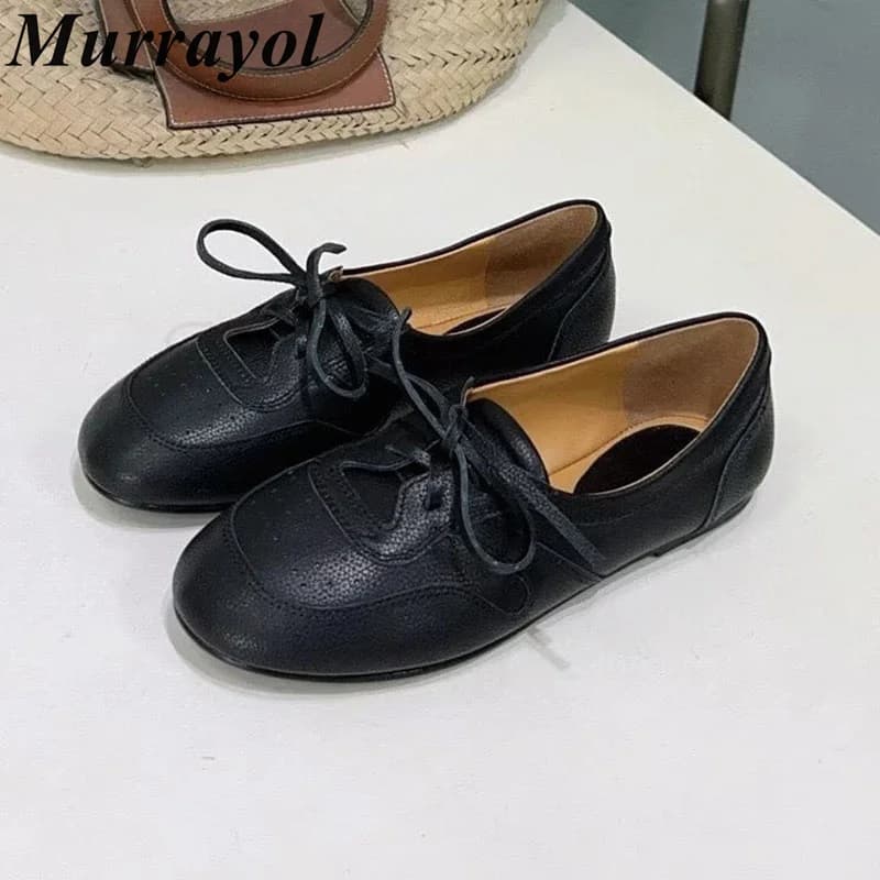 Lazy Loafers Round Toe Deep Mouth Lace Up Flats Women Genuine Leather Spring Autumn Office Commuting Shoes Driving Shoes 2026
