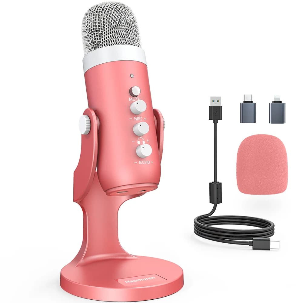 Haomuren Microfono a condensatore USB Rosa Microfono di registrazione da studio per PC Mac Computer Telefono Gaming Streaming Podcasting Laptop Desktop