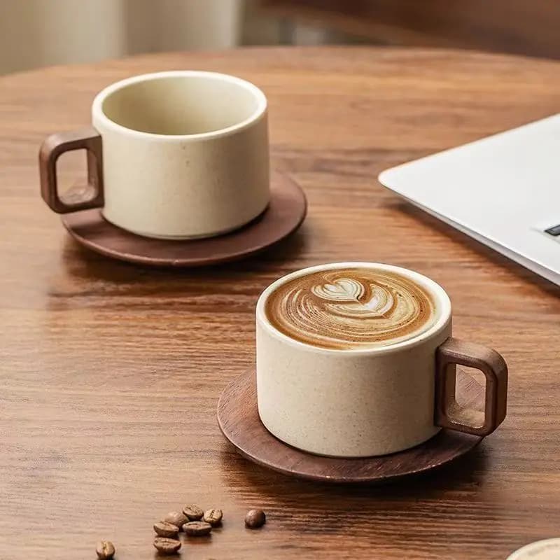Retro Ceramic Coffee Mug with Saucer Set for Home Cafe Restaurant Patio Tea Drinking Cup Breakfast Dessert Table Kitchen Use