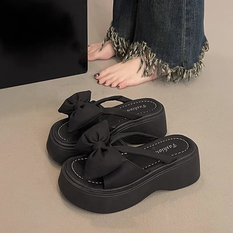 Women's Fashion Platform Sandals Summer New Round Head Open Toe Butterfly Knot Anti-slip Wear-resistant Wedge Slippers