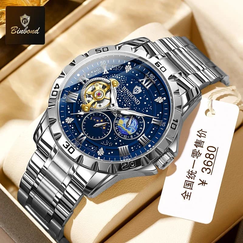 BINBOND Top Luxury Men Orologio meccanico Automatico Moon Phase Man Orologio da polso Hollow Tourbillon Orologi da uomo in acciaio inossidabile Maschile