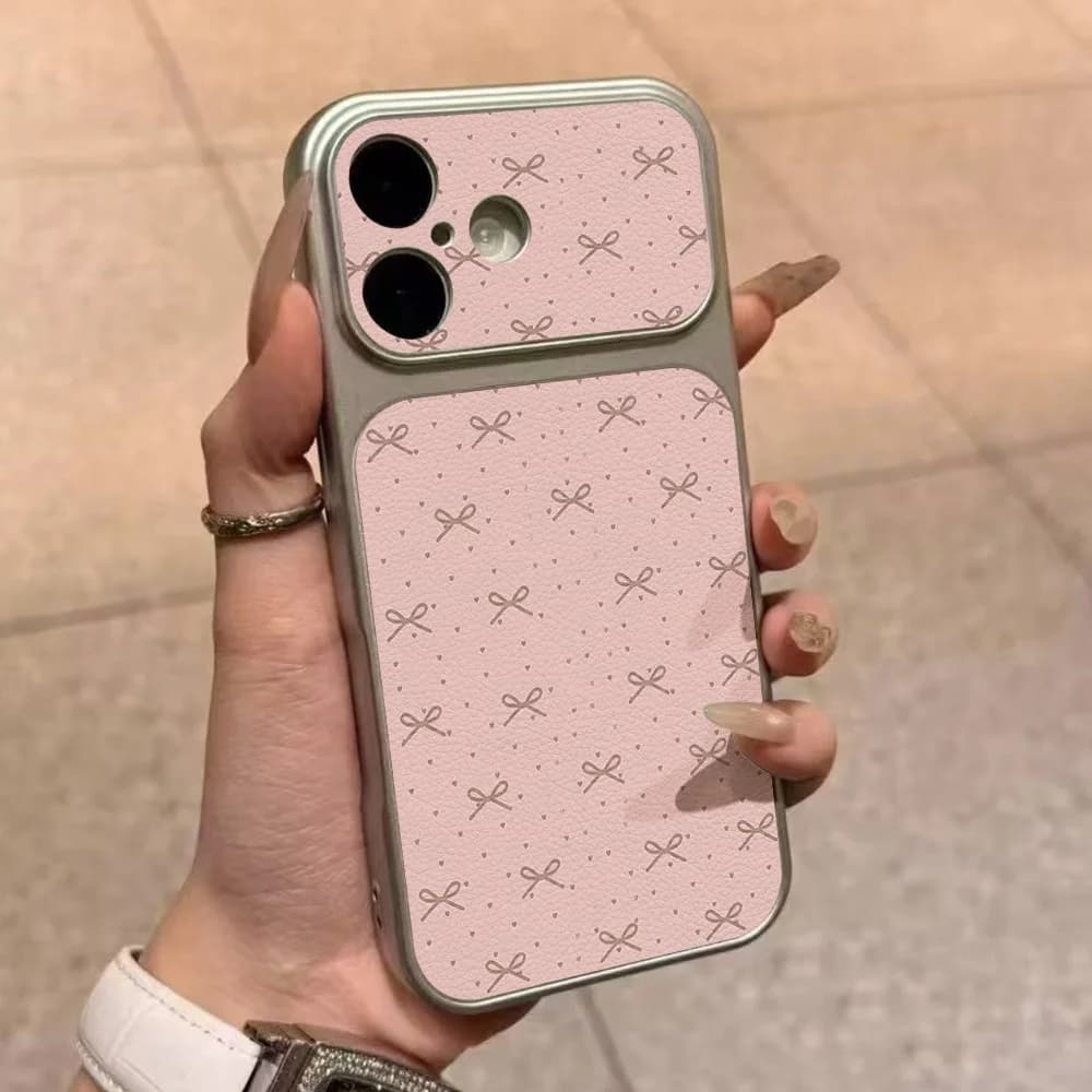 Pink Bow Leather Phone Case For iPhone 17 Pro Max 16 Pro 13 15 11 12 14 17promax 16promax Soft Lens Protective Back Cover