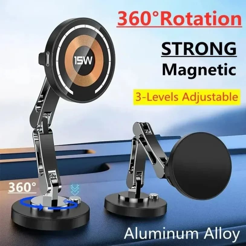 Caricatore Wireless Magnetico per Auto 15W con Supporto Girevole a 360° ° Supporto per telefono da auto pieghevole con ventosa rotante compatibile con MagSafe iPhone