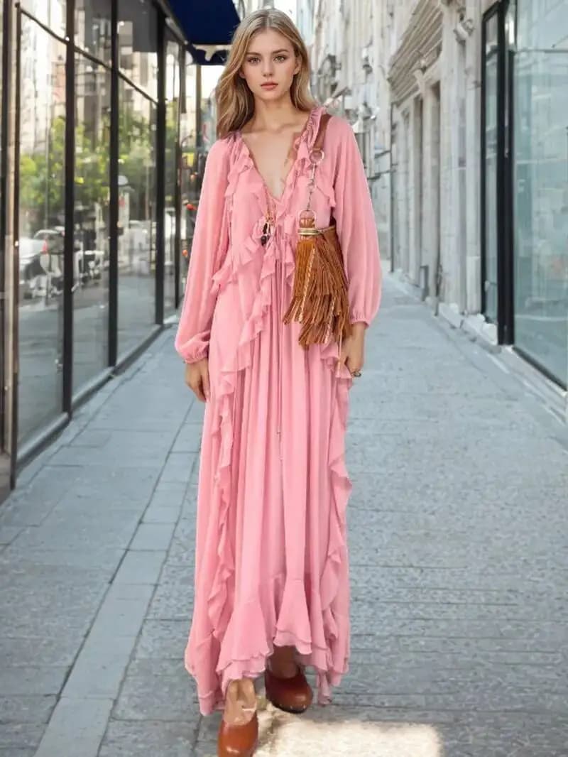 Elegant Long Dress with Multipli Volant and Long Sleeves, Chic Loose Dress with V and Laces neckline, New Women's Summer Waist Dress 2026 LLQ8