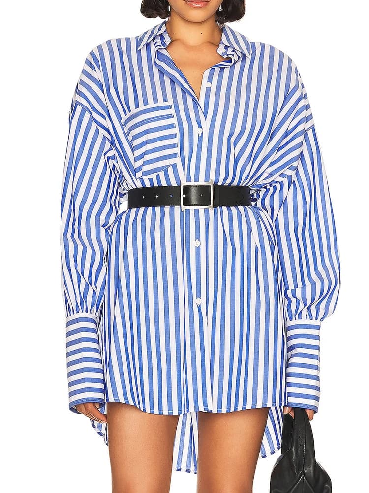 Abito Camicia a Righe Blu Casual Stile Supermodella Elsa Hosk, Vita Alta, Linea A, in Misto Cotone e Poliestere, Manica Lunga con Colletto