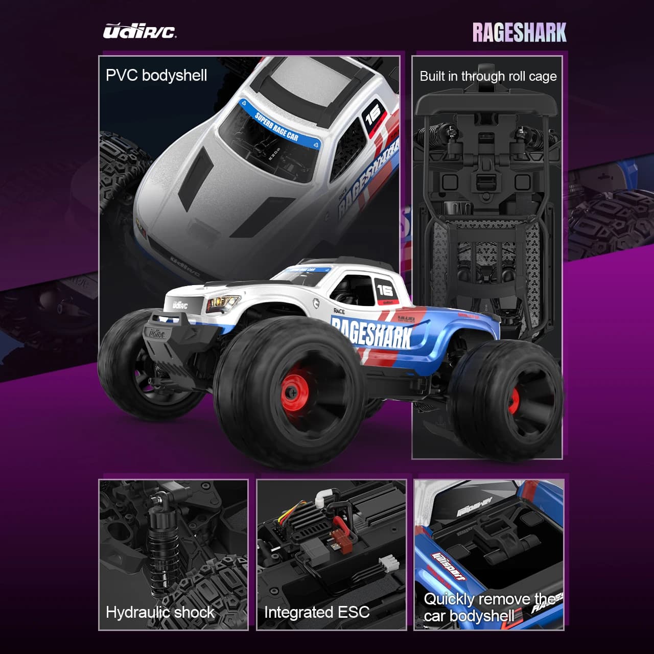 UDIRC 1/16 Scale UD1611 4WD Brushed Motor Off-road Climbing Car High Speed Electric Monster Truck Big Wheel RC Truck for Adult